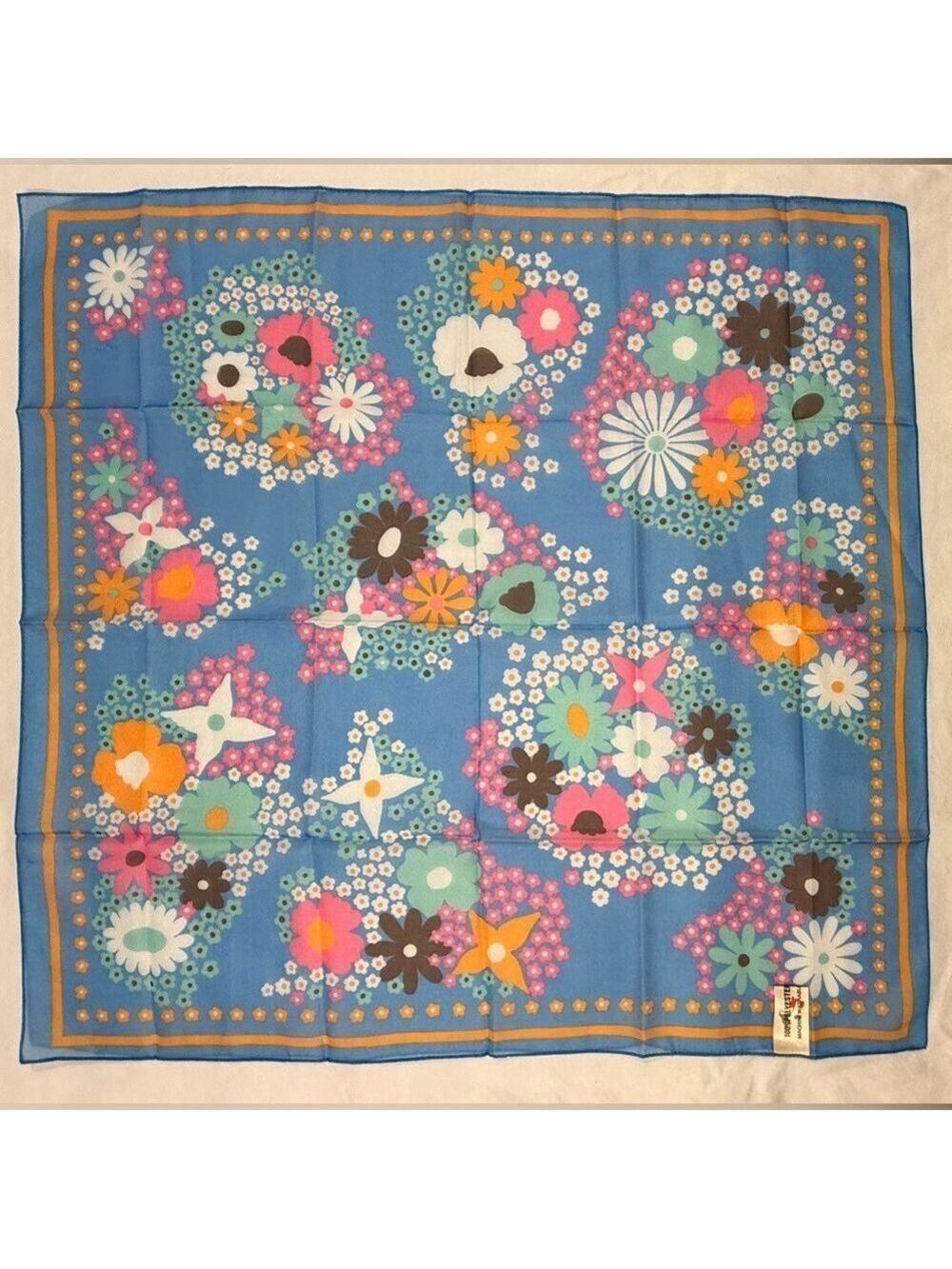 Vintage Made in Italy Floral Scarf Blue Mod Daisy 25” Square Cottagecore